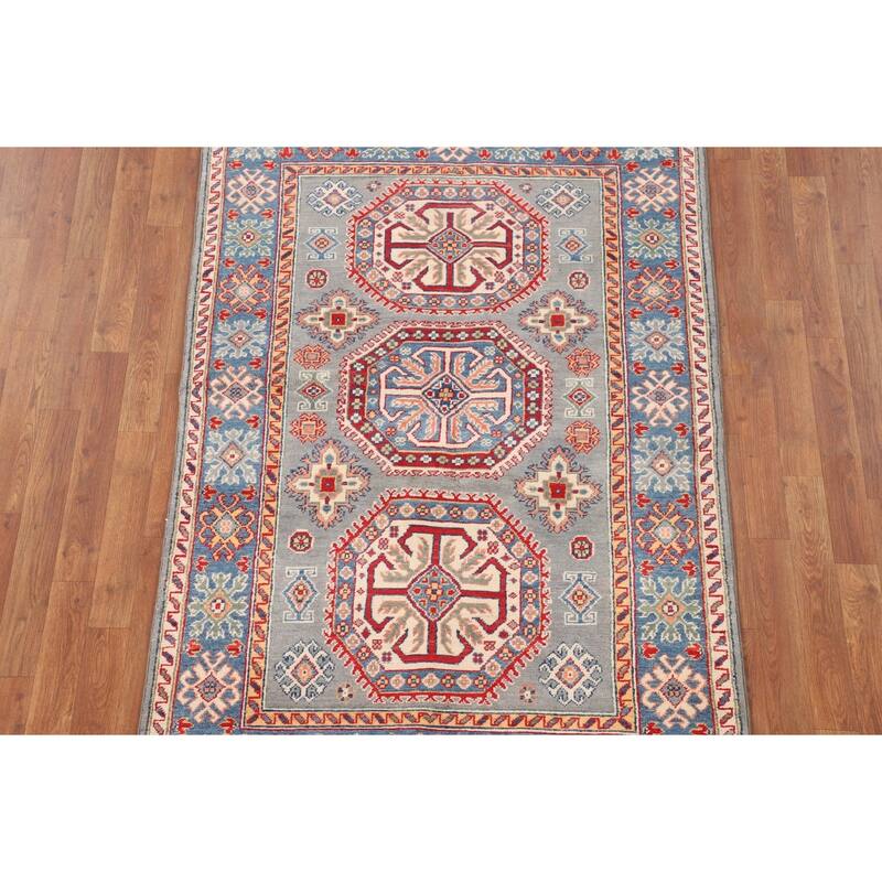 Kazak Oriental Area Rug Handmade Grey Wool Carpet - 3'10"x 5'11"