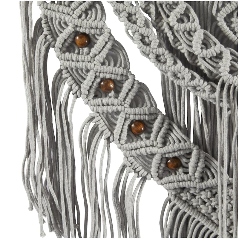 Cotton Fabric Macrame Handmade Intricately Weaved Wall Decor with Beaded Fringe Tassels - Gray - Roche River Decor