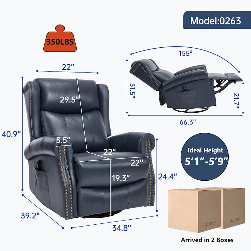 360° Swivel Rocking Recliner with Heat & Massage, Genuine Leather