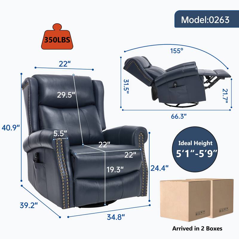 Manual Recliner Chair with Heat & Massage, Genuine Leather Swivel Recliner Chair, Lounge Sofa Chair with Side Pockets