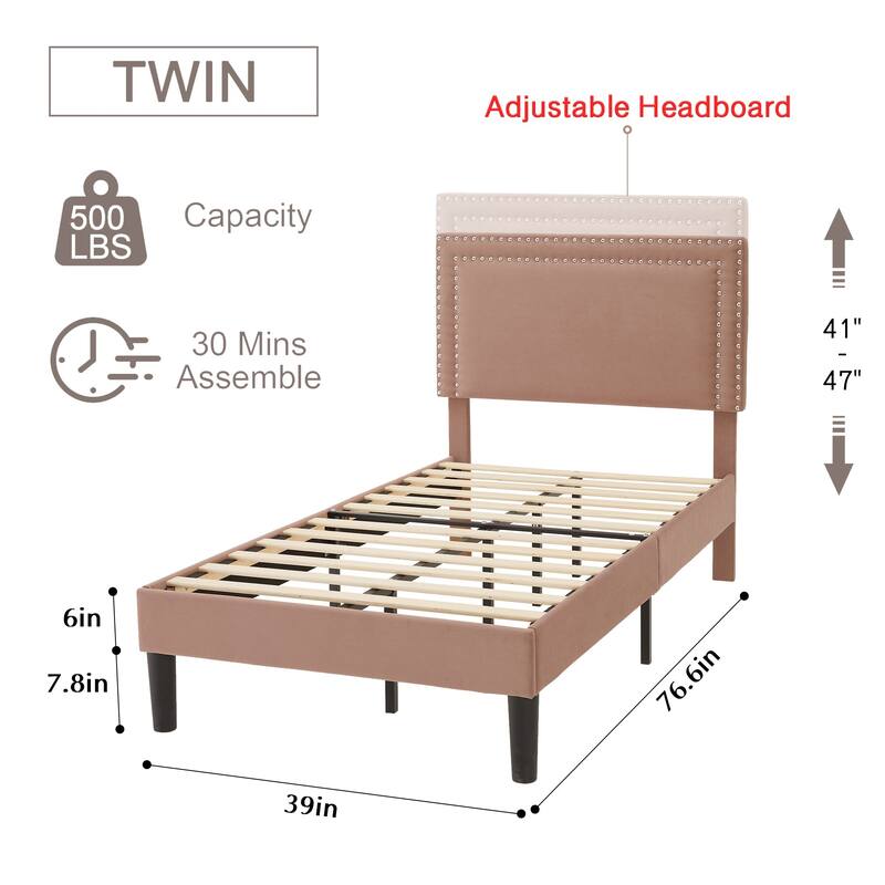 Upholstered Platform Bed Frame with Adjustable Headboard, Velvet Nailhead Trim, No Box Spring Needed