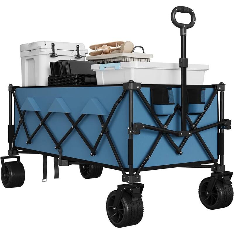 Outdoor Collapsible Folding Wagon Cart, 460lbs Capacity for Beach, Camping, Garden - Blue
