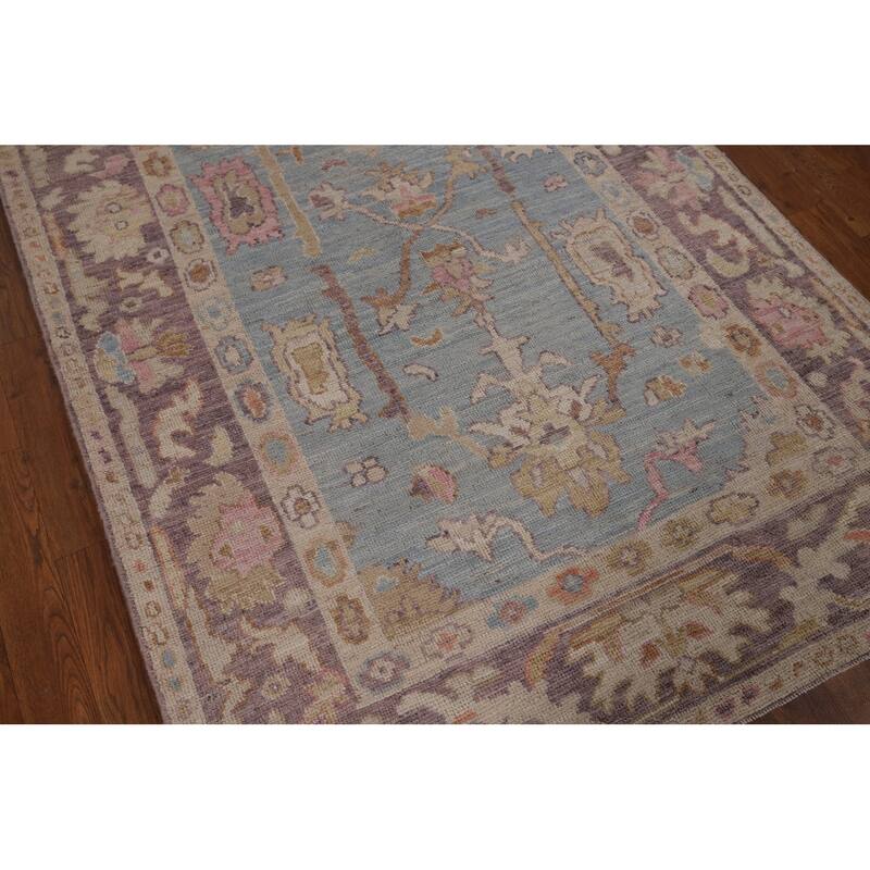 Light Blue Oushak Vegetable Dye Area Rug Hand-Knotted Wool Carpet - 4'1"x 5'9"