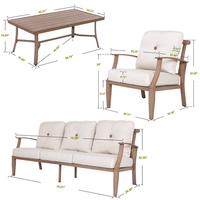 4-Piece Patio Conversation Set with Cushions, Aluminum Frame, Beige