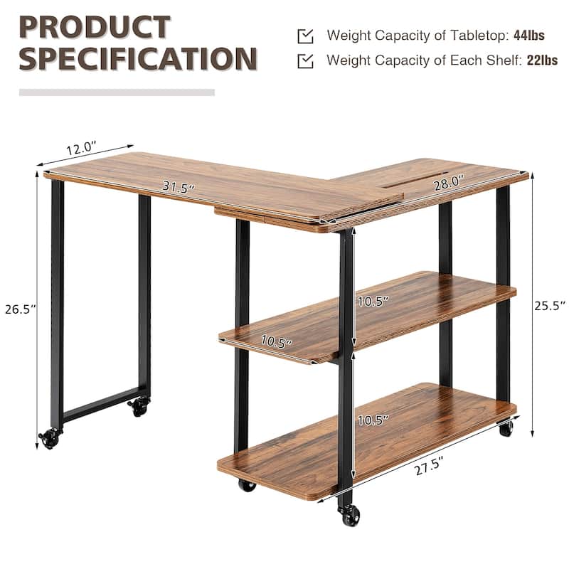 Multifunctional Swivel End Table with 360 Degree Rotation and Casters - 49.5" x 12" x 26.5" (L x W x H)