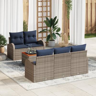 vidaXL 6 Garden Sofa Set with Cushions Black/Grey Poly Rattan - 70.5 x 24.4 x 27.2