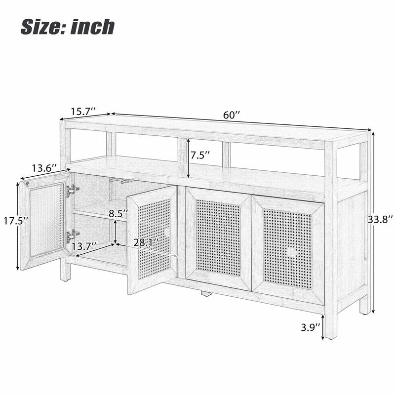 Rattan Buffet Storage Cabinet with Solid Wood Frame, Sideboard with 3-position Adjustable Shelves