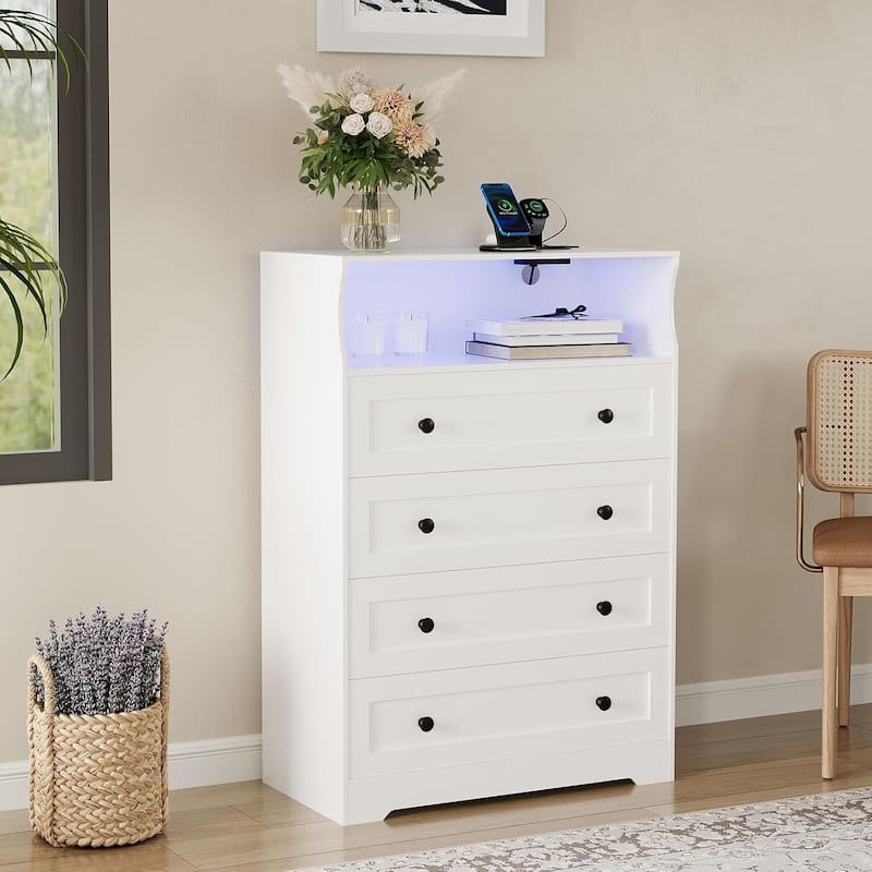 4 Drawer Dresser for Bedroom with Charging Station & LED Lights - White
