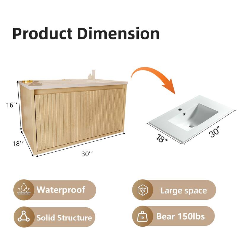 30 Inch Wall Mounted Bathroom Vanity with Ceramic Sink, Floating Cabinet with Drawers, Modern Fluted Design