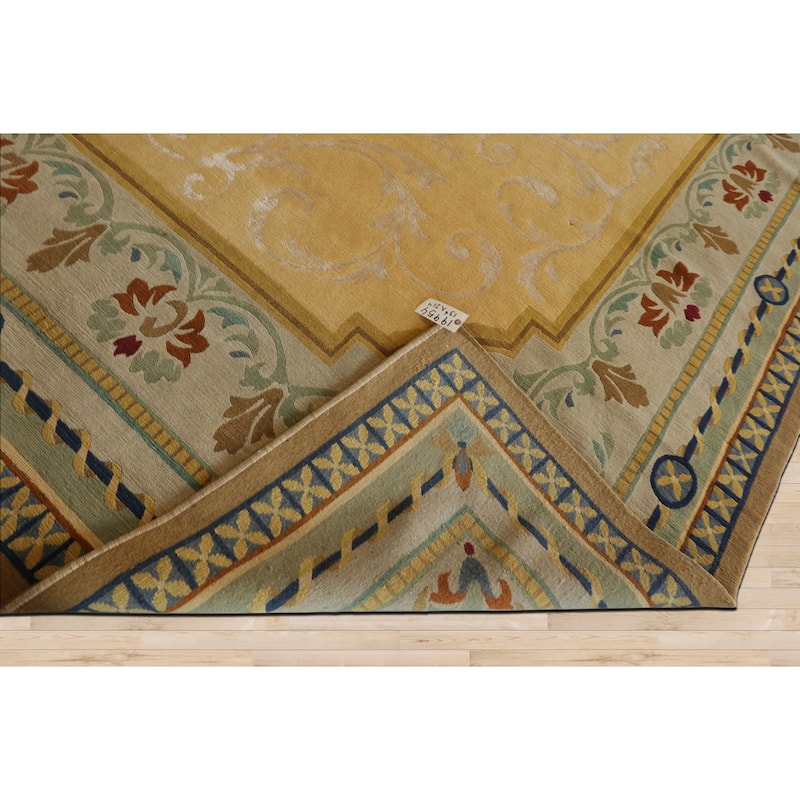 13'6''x21'4'' Oversize Hand Knotted Wool and Silk Light Gold Tibetan Rug - 13' 6'' x 21' 4''