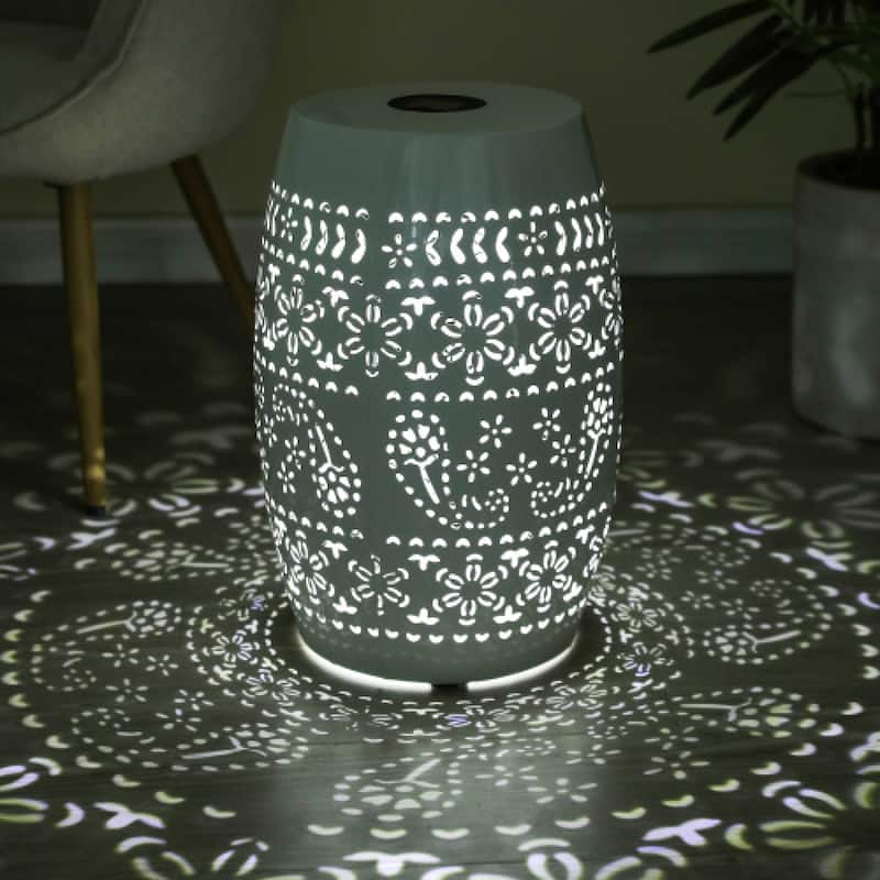 Roomfitters Solar Powered Garden Side Table, Metal Outdoor End Table with Decorative Floral Cutouts and LED Light, White - White