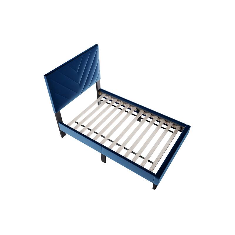 Adjustable Velvet Twin Bed with V-Stitch Headboard & 12-Slat Support