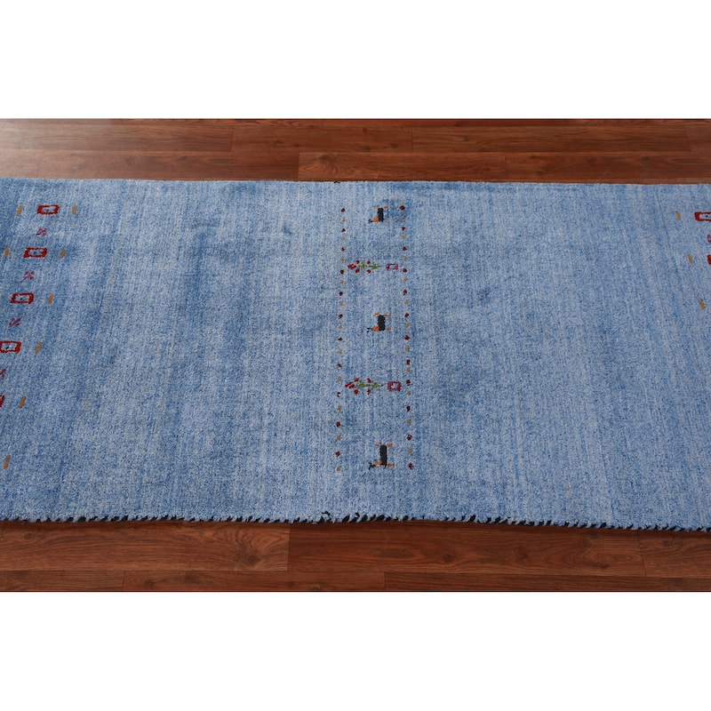 Hand Knotted Oriental 100% Wool Carpet Tribal Animal Pictorial Navy Blue & Blues Gabbeh Runner Rug - 9' 10'' X 2' 6''