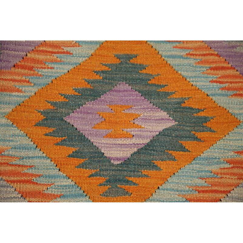 Hand Woven Oriental 100% Wool Carpet Southwestern Geometric Multi-Colored Kilim Runner Rug - 7' 6'' X 2' 5''