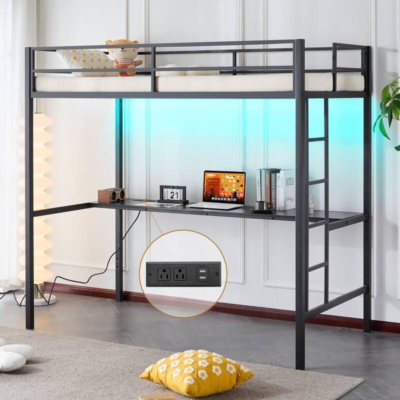 Twin Square Tube Raised Bed With Table Outlet LED Light Strip Iron Bed USA
