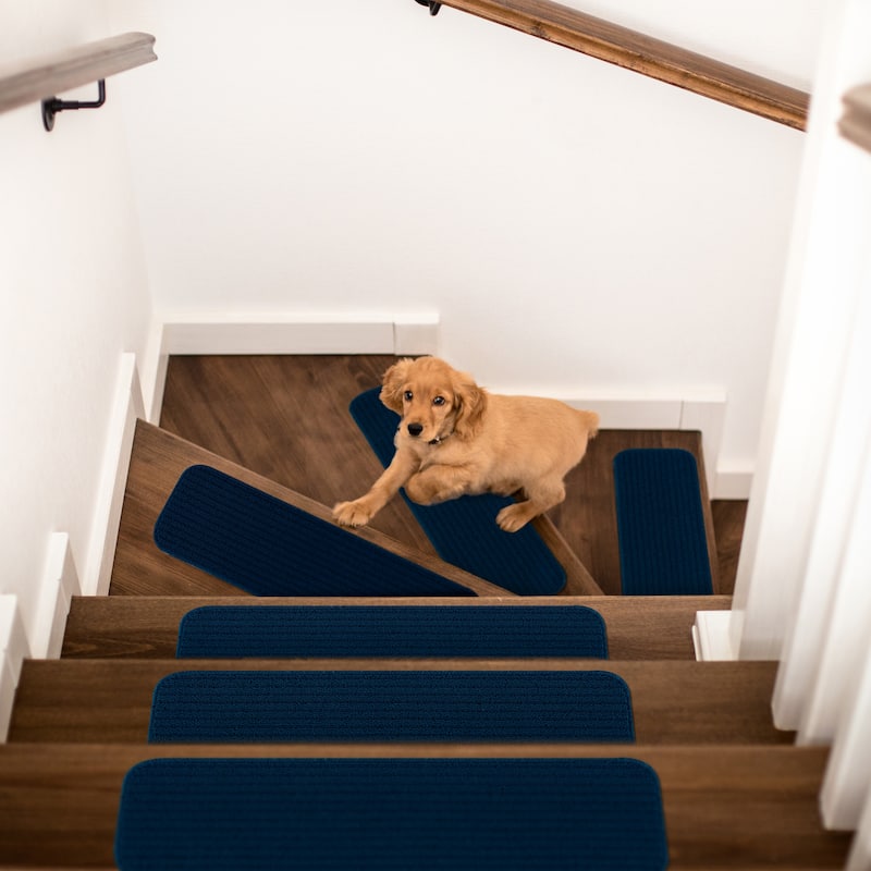 Beverly Rug Non Slip Stair Treads, Matching Landing Rug, Washable Runner Rug for Hallway - Set of 15, 28''x8.7'' - Denim Blue