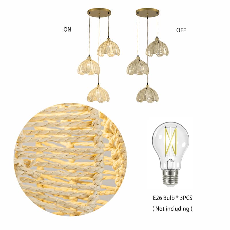 Cali 3-Light Rattan Hemp Cluster Pendant, Coastal Boho - Handwoven - 21" Wide