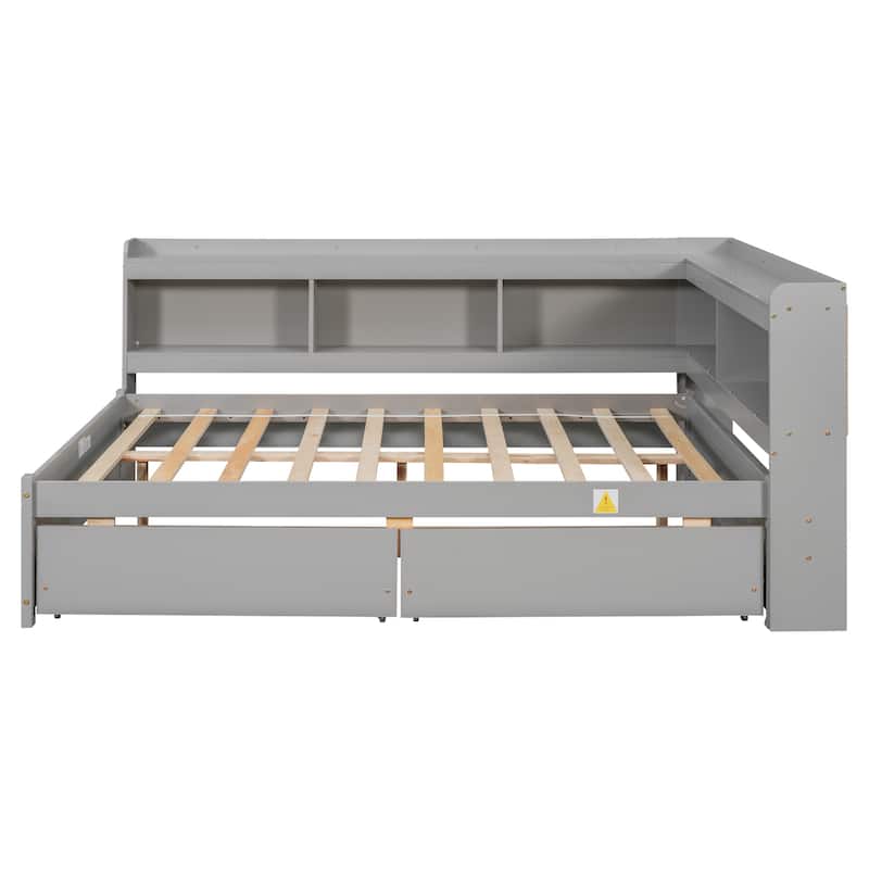 Full Bed with L-shaped Bookcases for bedroom, Drawers