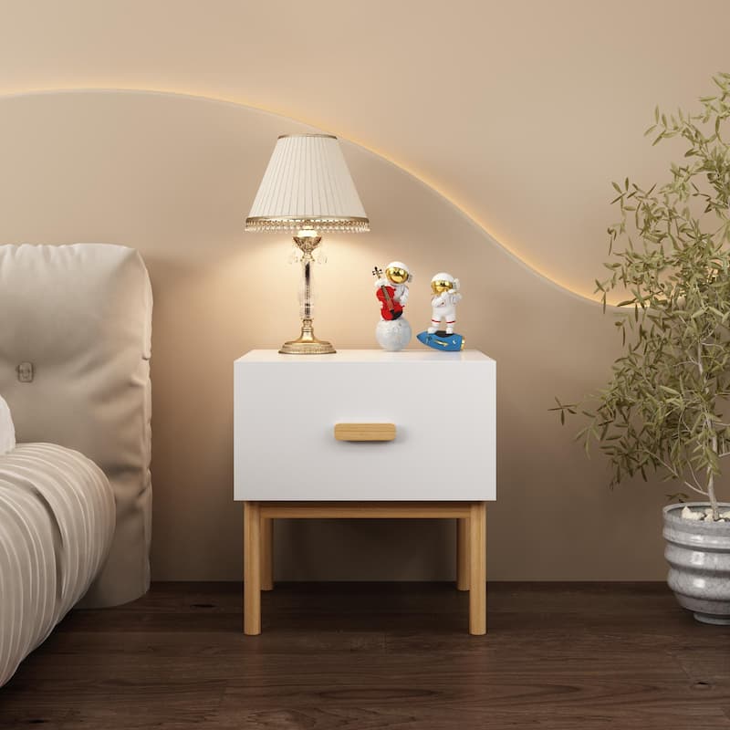 Anmytek Modern White Nightstand with Drawer Wood Legs Minimalist Bedside Table for Bedroom Living Room