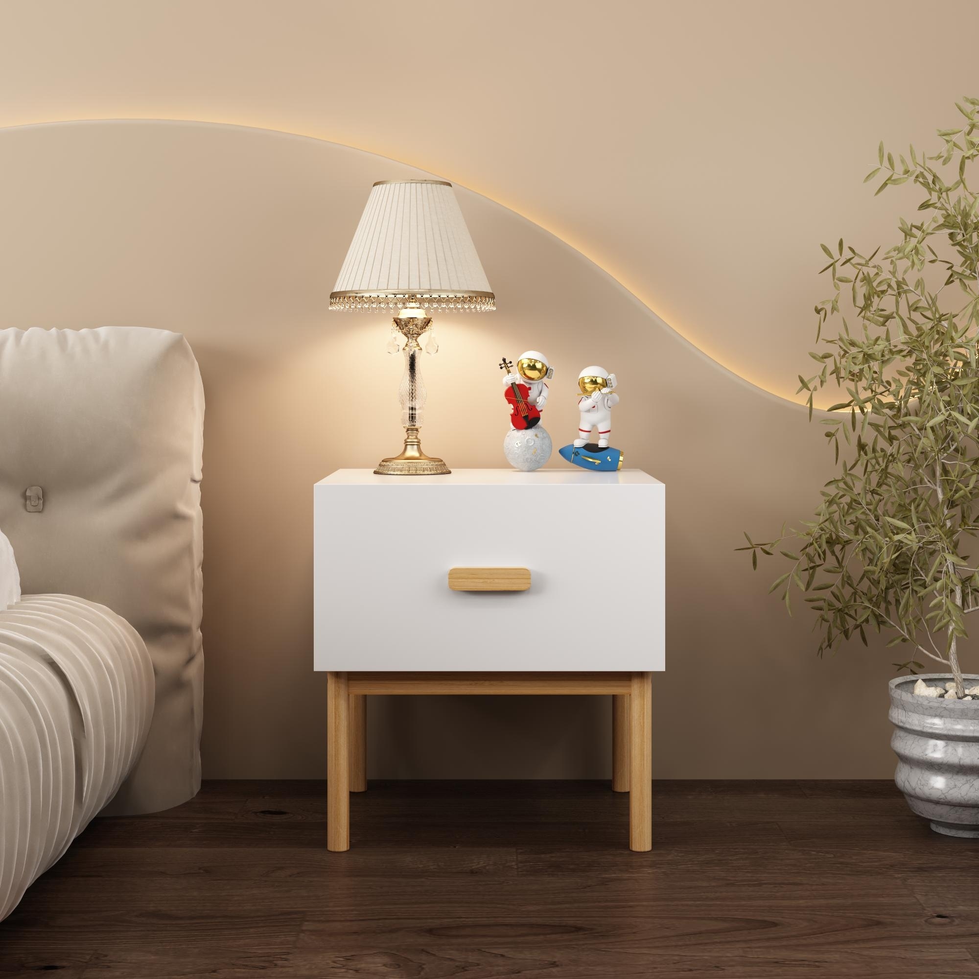 Modern White Nightstand With Drawer And Wood Legs, Minimalist Bedside Table With Handle