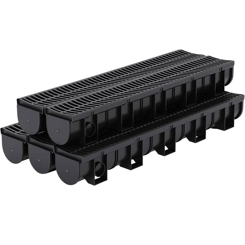5-Piece High-Efficiency Surface Drainage Trench Drain System for Yard, Driveway, Garden, Patio & Sidewalk - N/A - Black