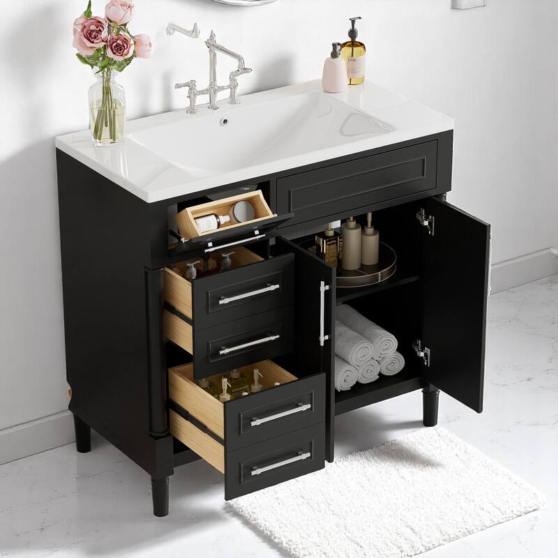 36'' Black Bathroom Vanity with Resin Basin, 2 Drawers, Tip-Out Drawer and Height Adjustable Shelf, Modern Design