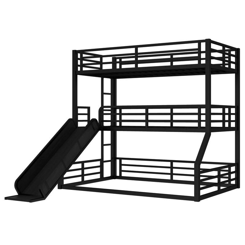 Roomfitters Twin/Full/Queen Metal Triple Bunk Bed with Slide, Safety Guardrails, Heavy-Duty Noise-Reduced Frame, Black