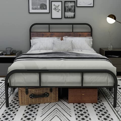 Metal Platform Bed Frames with Wooden Black