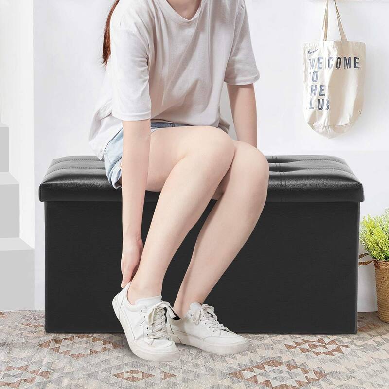 Folding Storage Ottoman Bench, Faux Leather Footrest Couch for Living Room, 30 inch Storage Bench with Padded Seat