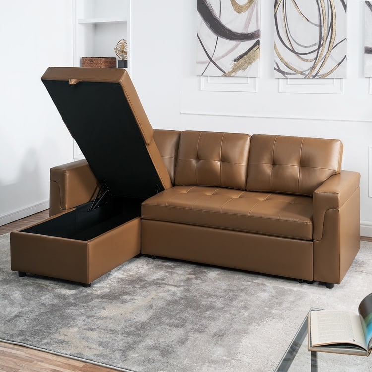 Perry Modern Reversible Sleeper Sectional Sofa with Storage Chaise, Pullout Sleeper Sofa Couch Bed for Living Room