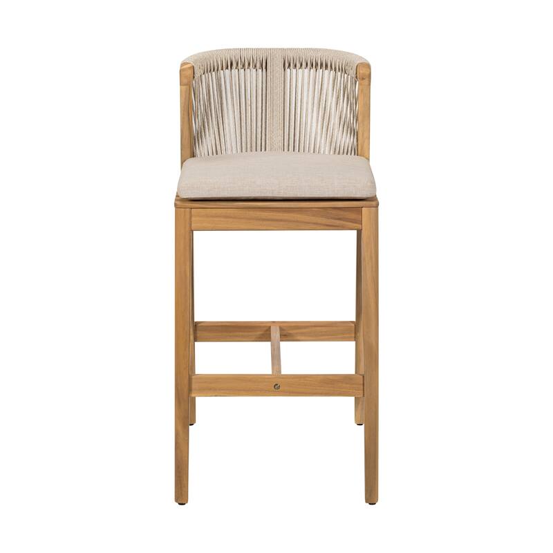 Roomfitters Louie Outdoor Acacia Wood Barstools with Rope Woven Back, Teak Finish and Beige Set of 2