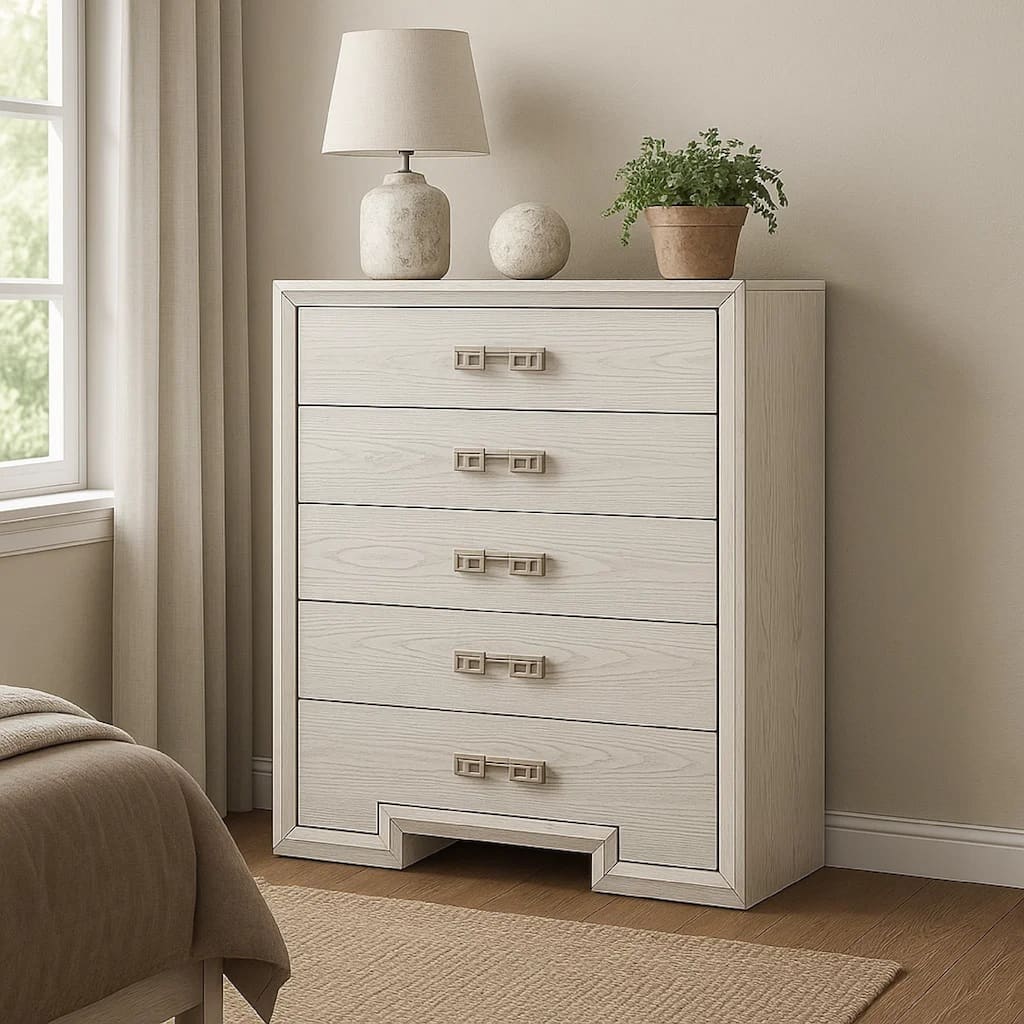 Basil 5 Drawer Tall Dresser Chest, Rustic White Solid Wood, Cedar Lining