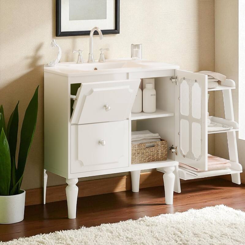 30" Retro Bathroom Vanity with Ceramic Sink, Freestanding Single Cabinet with 2 Drawers and Solid Wood Frame