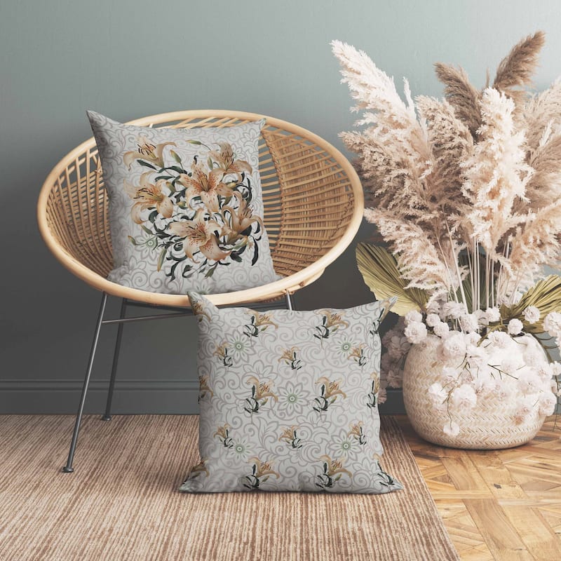 Enchanted Lily Affair Indoor/Outdoor Reversible Throw Pillow Grey and Vanilla