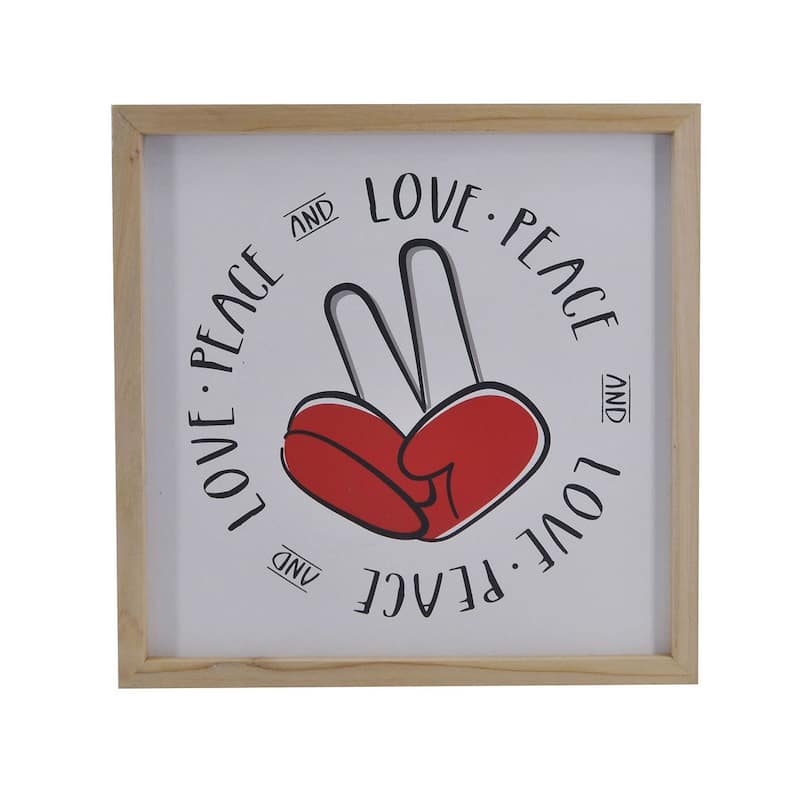 HomeRoots 12" X 12" White Red And Black Love Peace Wood Square Wall Decor