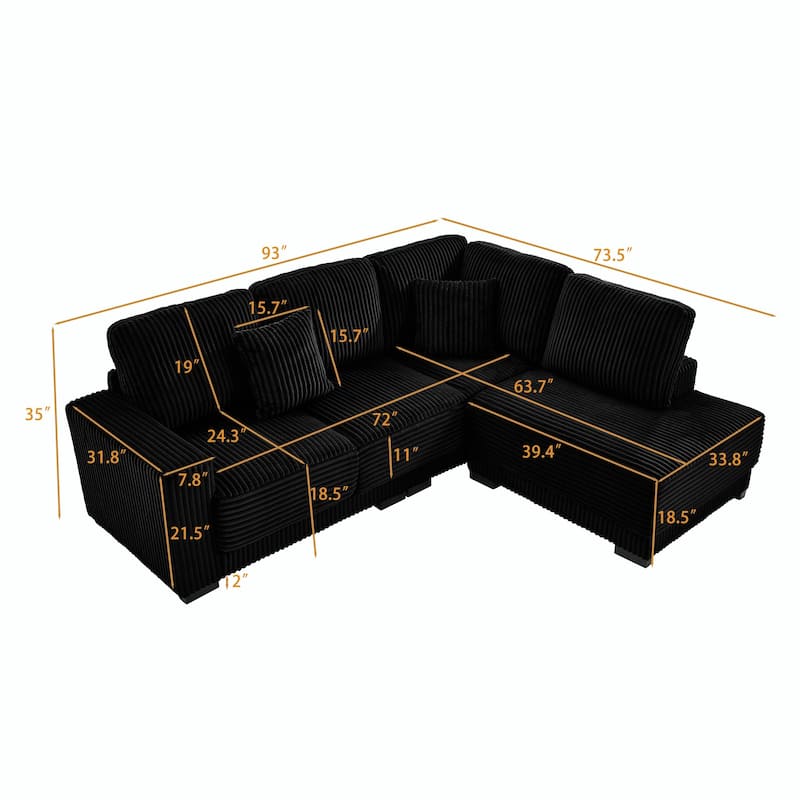 93" Sectional Sofa, L-Shaped with Reversible Chaise Lounge, Upholstered in Soft Corduroy