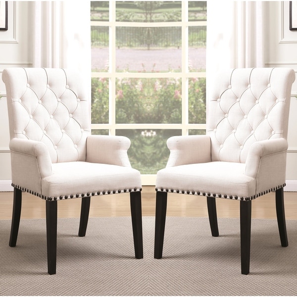 Decorative Rolled Button Beige Tufted Arm Chair with Nailhead Trim