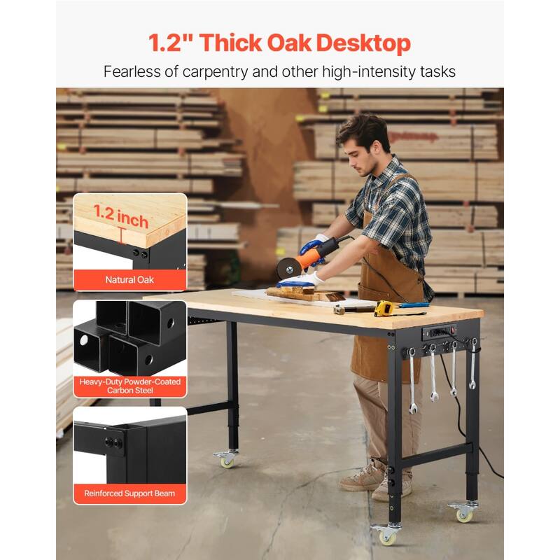 Black and Natural Oak Adjustable Height Workbench with Power Strip, Casters and Hooks - Black-Natural
