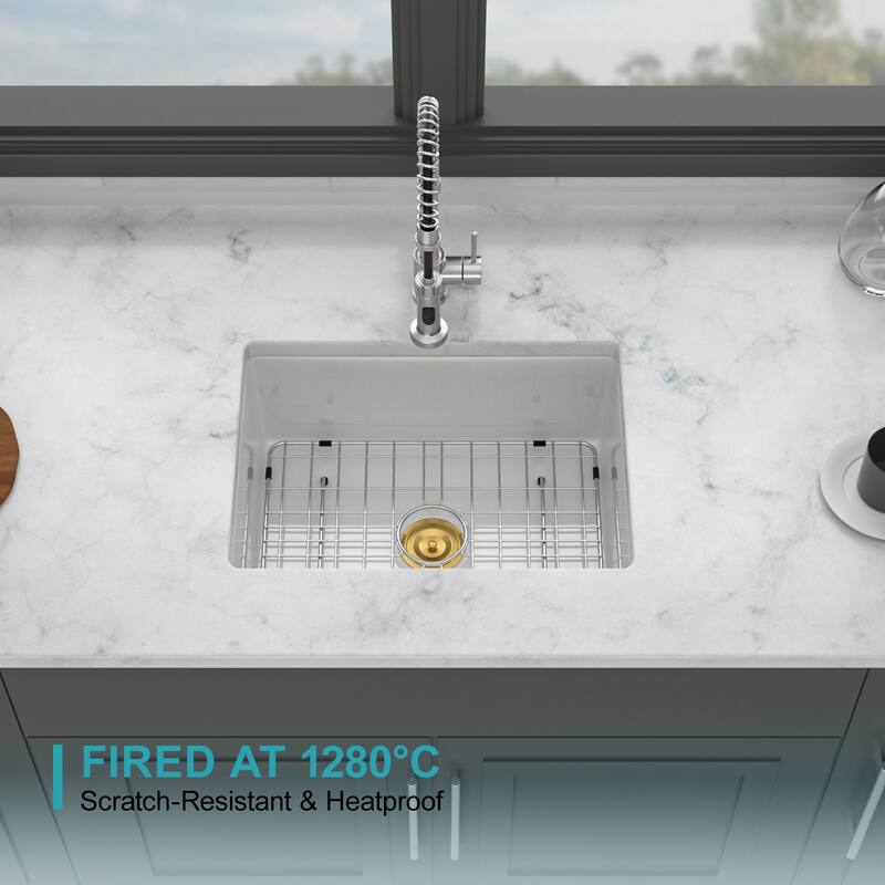 24" Undermount Single Bowl Ceramic Kitchen Sink in White - 24'' x 18'' x 9''