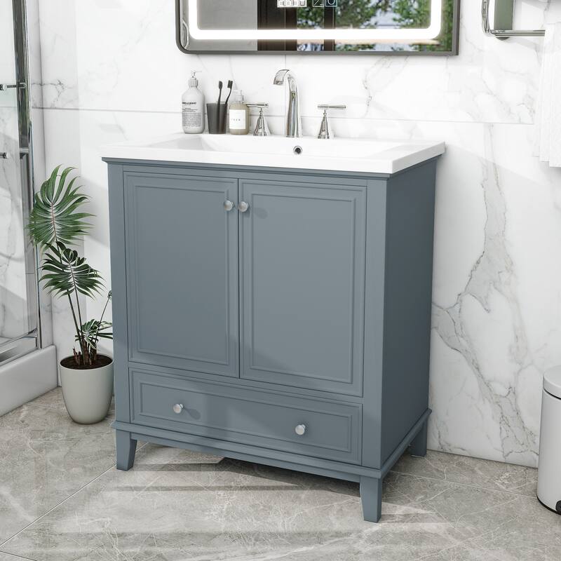 Bathroom Vanity with Ceramic Sink, Solid Wood & MDF Base, 1 Drawer & 2 Doors, Adjustable Shelf - 30in L Solid Wood+MDF
