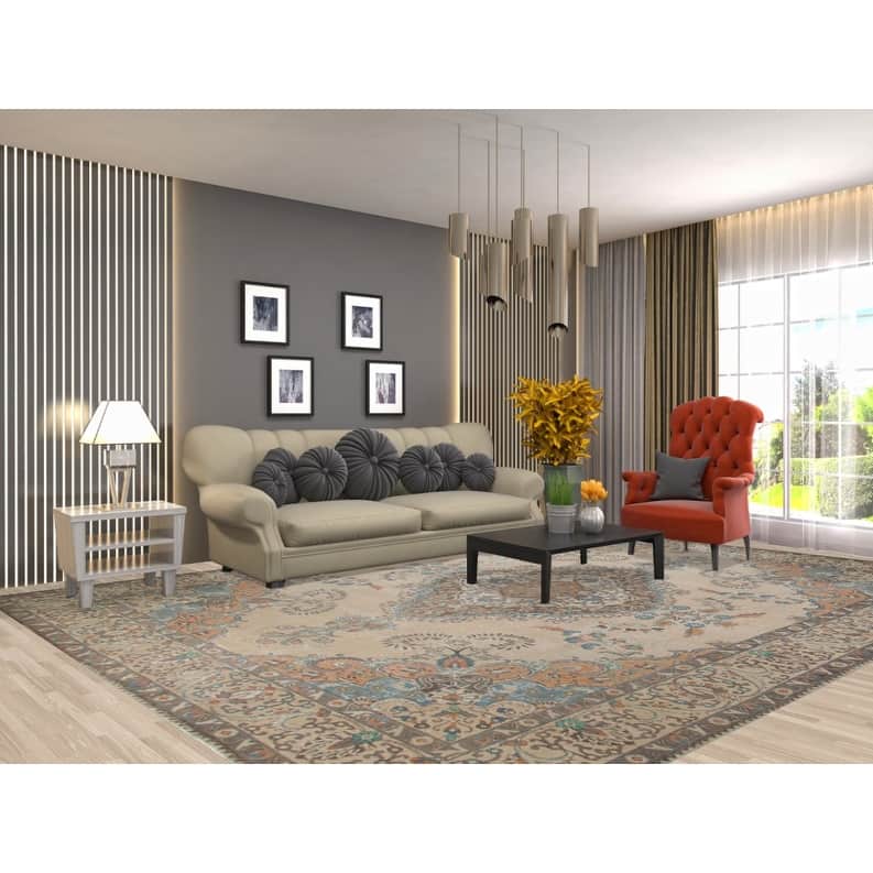 Hand Knotted Oriental 100% Wool Carpet Traditional Floral Beige & Ivories Tabriz Area Rug - 12' 11'' X 9' 6''