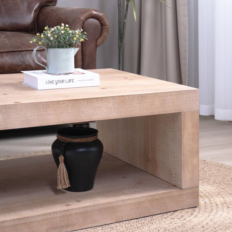 Roomfitters Rustic Coffee Table with Turned Legs, 47" Rectangular Center Table with Shelf, Engineered Wood, Natural