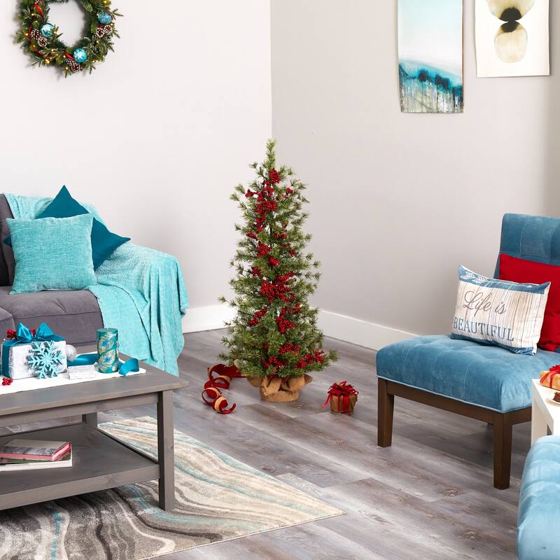 4Ft Artificial Christmas Tree with Lights - Berry & Pine Holiday Decor, Warm White LED, Burlap Base - Green - 48