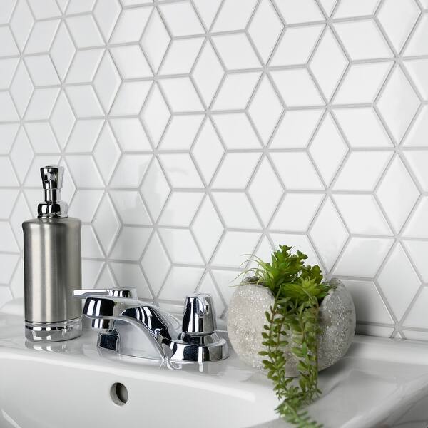 slide 1 of 7, SomerTile Metro Rhombus Glossy White 10.5" x 12.13" Porcelain Mosaic