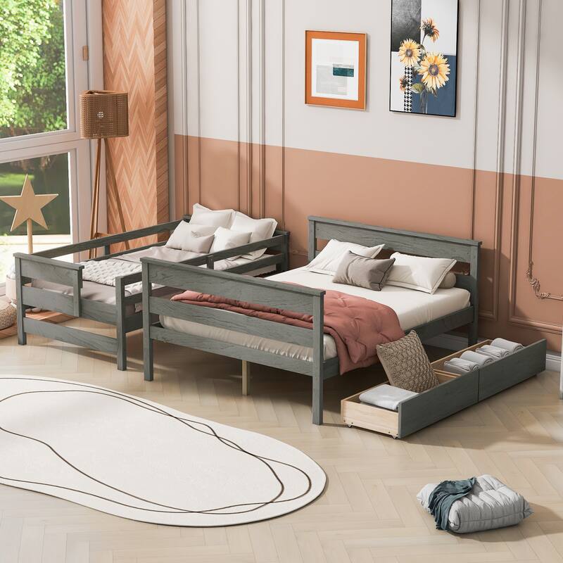 Twin over Full Solid Wood Bunk Bed Slat Support Full Length Guardrail Up Bed Separable Bed Frame with Drawer or Trundle