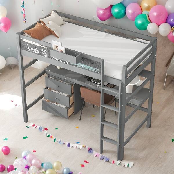 slide 2 of 28, Wood Twin Size Loft Bed with Desk,Blackboard,Storage Box,Open Shelf and 3 Drawers for Kids or Teens Grey