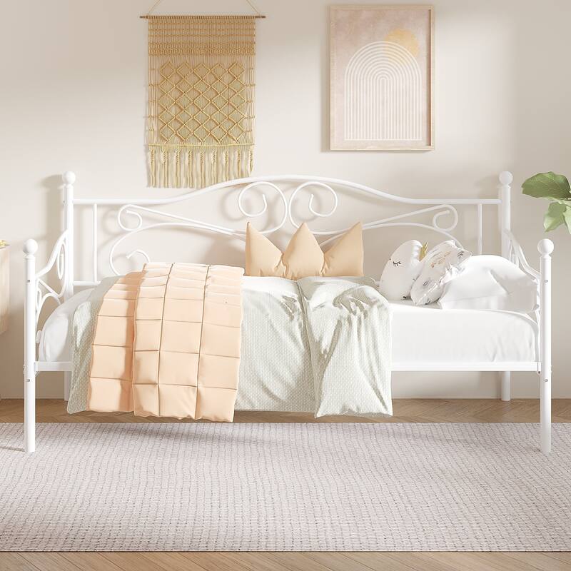 VECELO Scroll Design Metal Twin Size Daybed with Roman Column Legs 440 LBS Capacity Sofa Bed 440 lbs Capacity for Living Room - White