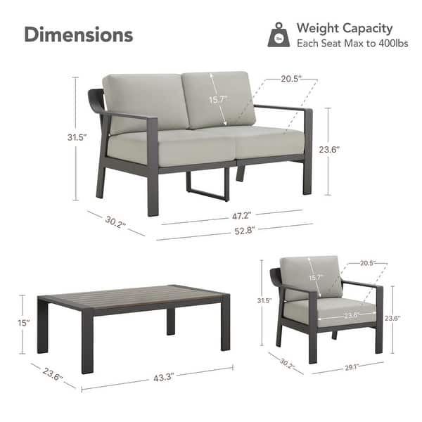 dimension image slide 14 of 15, Spruce & Spring Outdoor Patio Furniture Set Aluminum Sofa Accent Chair