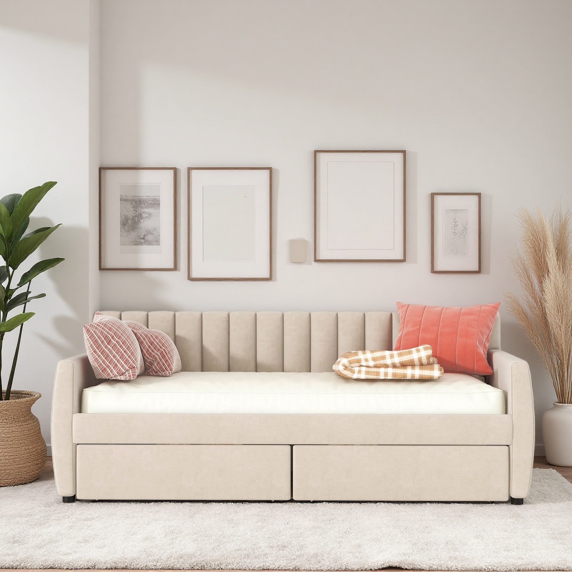 Twin Size Upholstered Daybed with Drawers and Wood Slat Support