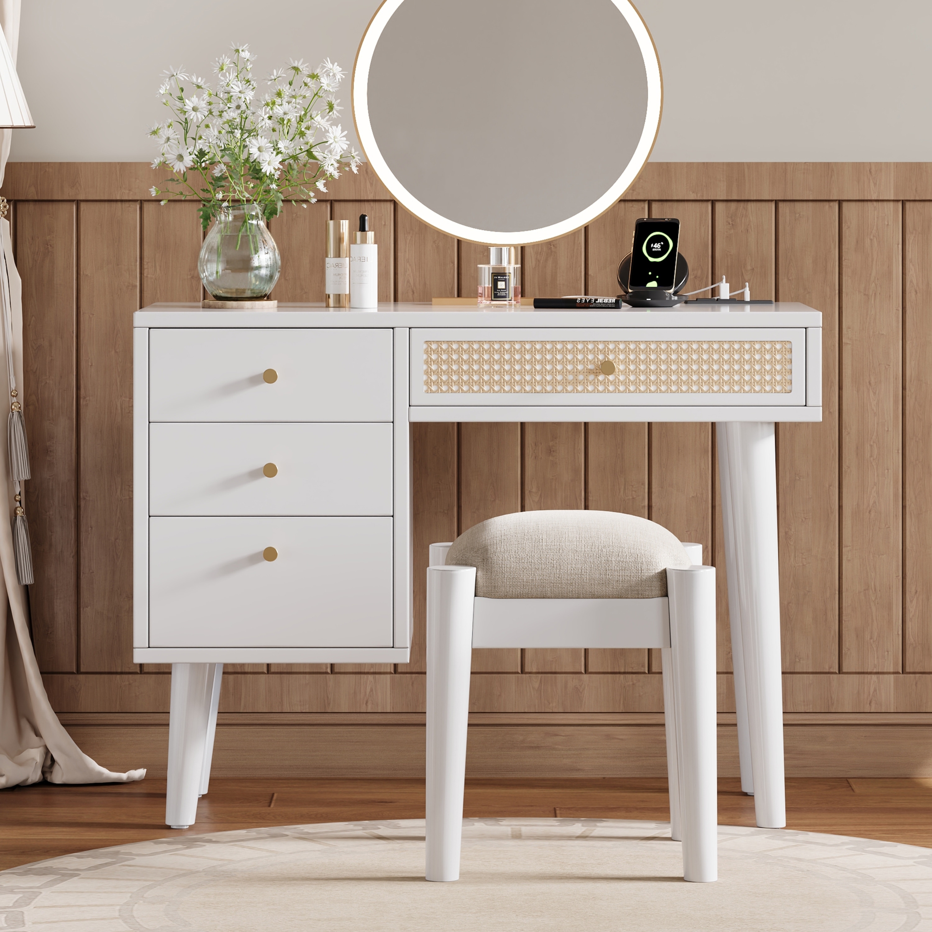 Wooden Makeup Vanity Set, Dressing Table with Charging Plug and USB Ports, Makeup Table with 3 Drawers and 1 Rattan Drawer